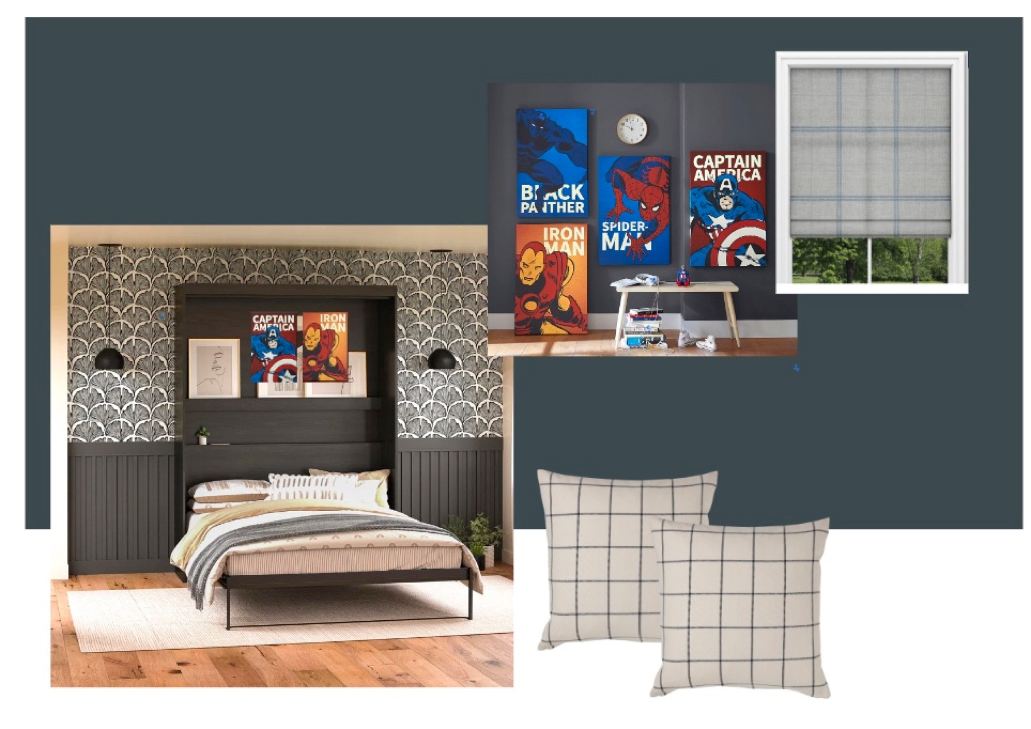 A bedroom for for a gamer! 
Murphy bed, marvel comics, Ikea pillows 

#LTKhome #LTKFind