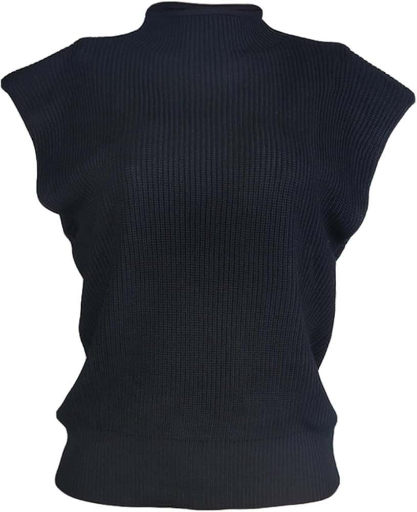 PAODIKUAI Women Sweater Vest Top Sleeveless Shoulder Pads Mock Neck Turtleneck Sweater Knitted Ta... | Amazon (US)