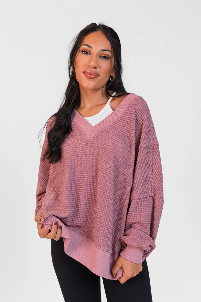 Perfect Score Mauve V-Neck Waffle Top DOORBUSTER | Pink Lily
