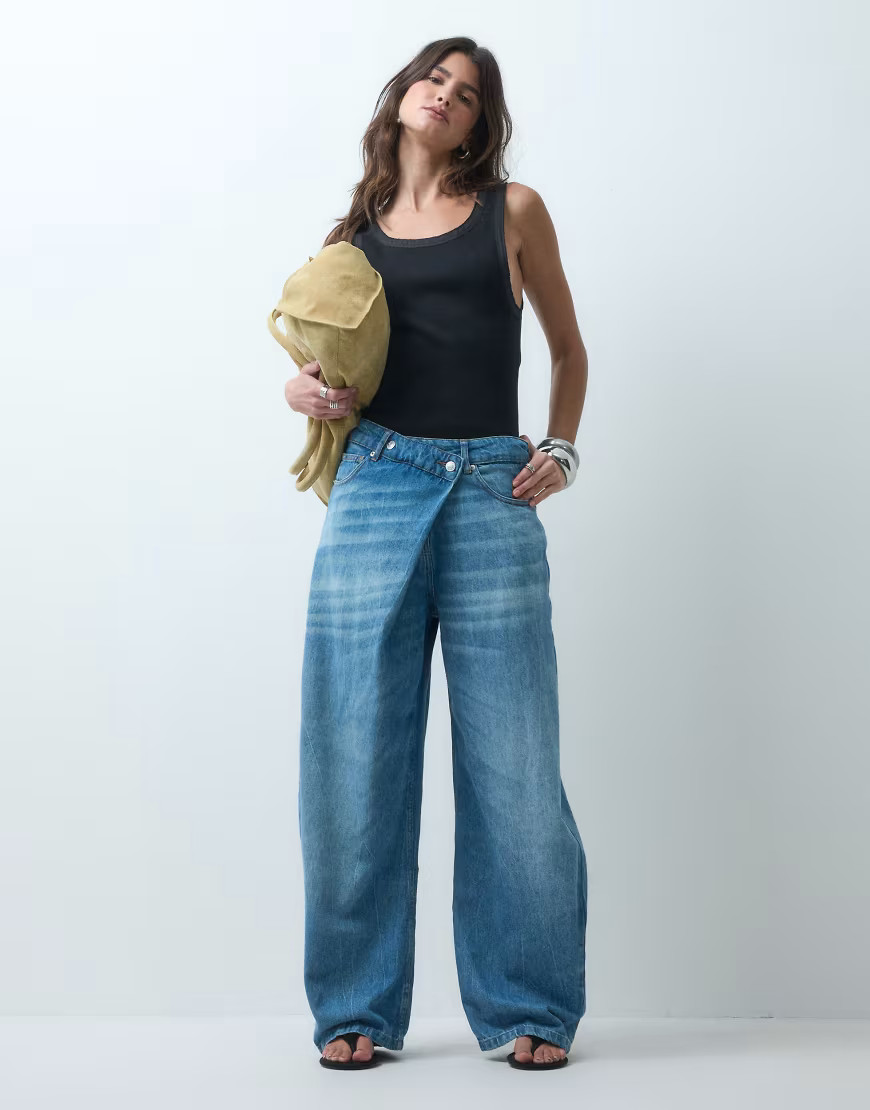 ASOS DESIGN wrap waist barrel jean in mid blue | ASOS (Global)