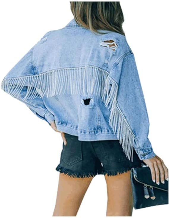 Ladyful Women's Ripped Crop Denim Jacket with Fringe Tassels Distressed Lapel Jean Outwear Coat | Amazon (US)