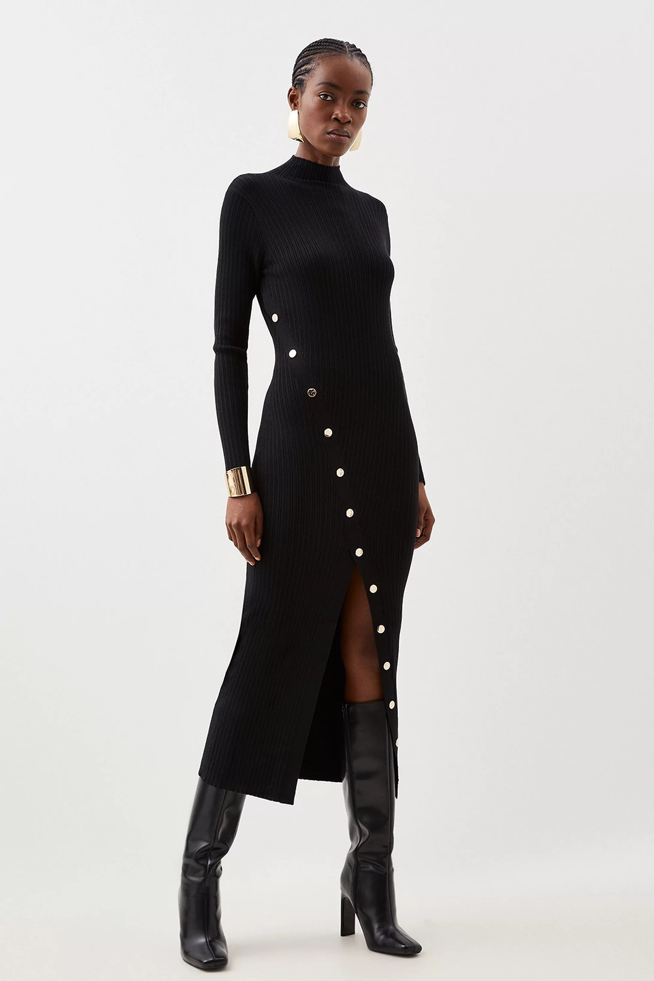 Petite Viscose Blend Popper Detail Split Knit Midaxi Dress | Karen Millen | Karen Millen UK + IE + DE + NL