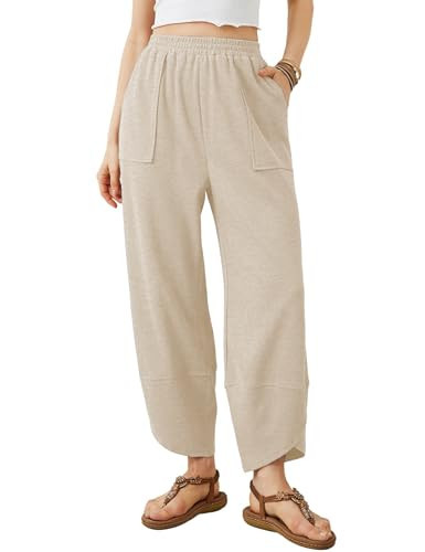 Xiaoxuemeng Womens Baggy Wide Leg Pants Casual Elastic Waisted Palazzo Harem Pants with Pockets(Beige-XXL) | Amazon (US)