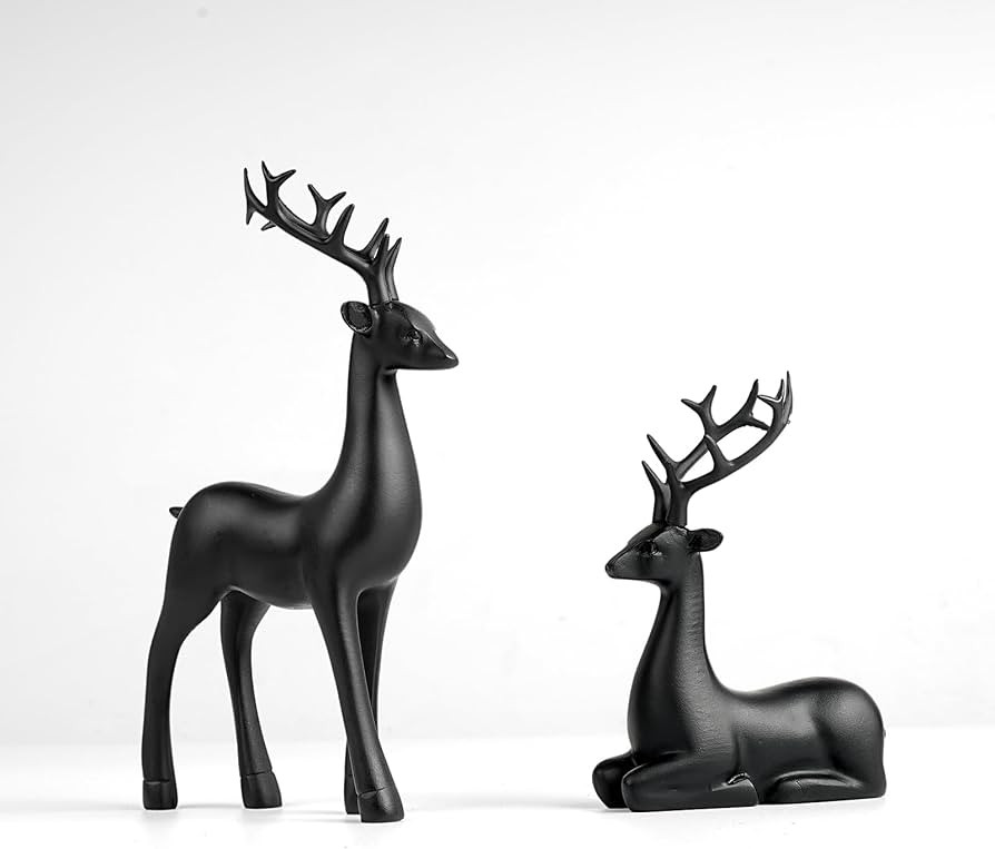 2 Pcs Christmas Reindeer Sculpture, Resin Deer Christmas Decoration, Matte Black Resin Elk Statue... | Amazon (US)