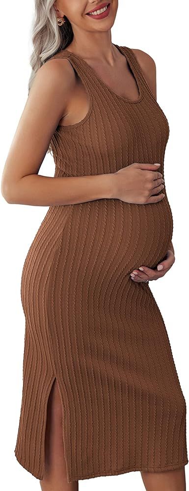 Ekouaer Women's Maternity Dress Rib Knit Sleeveless Tank Side Slit Bodycon Dresses Pregnancy Clot... | Amazon (US)