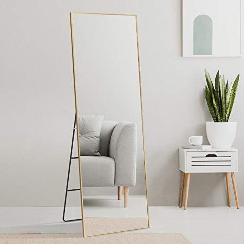 HOWOFURN Full Length Mirror, 65x22 Floor Mirror, Gold Standing Mirror, Aluminum Frame & Ladder Br... | Amazon (US)