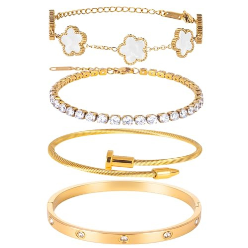 18K Gold Plated Bangle Bracelet Set for Women Stackable Lucky Floral Adjustable Tennis Bracelet N... | Amazon (US)