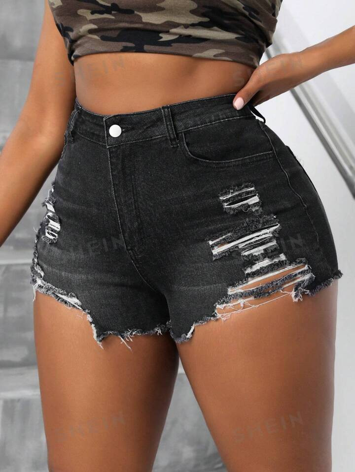 SHEIN SXY Women's Plus Size High Waist Stretchy Ripped Denim Shorts With Torn Detail | SHEIN USA | SHEIN