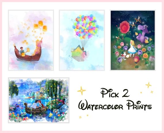 Pick 2 Disney Watercolor Photo Prints/ Rapunzel Floating Lanterns Nursery Art/ Little Mermaid/ Mi... | Etsy (US)