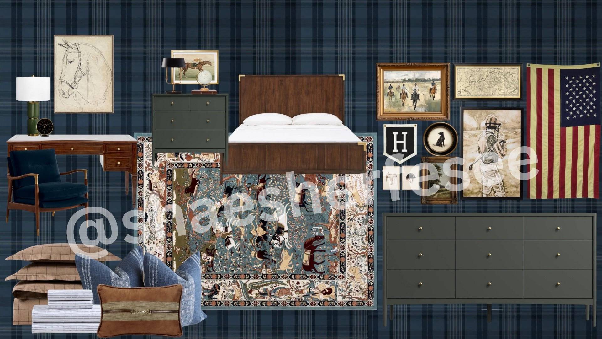 Rich, rugged, and refined — this equestrian-inspired boy’s room mood board blends timeless Americana with vintage prep. From plaid wallpaper and racing artwork to deep wood tones and masculine textures, every detail is designed to feel bold yet classic. A space that grows with him, rooted in heritage and adventure. 🐎🇺🇸

#LTKStyleTip #LTKHome #LTKFindsUnder100