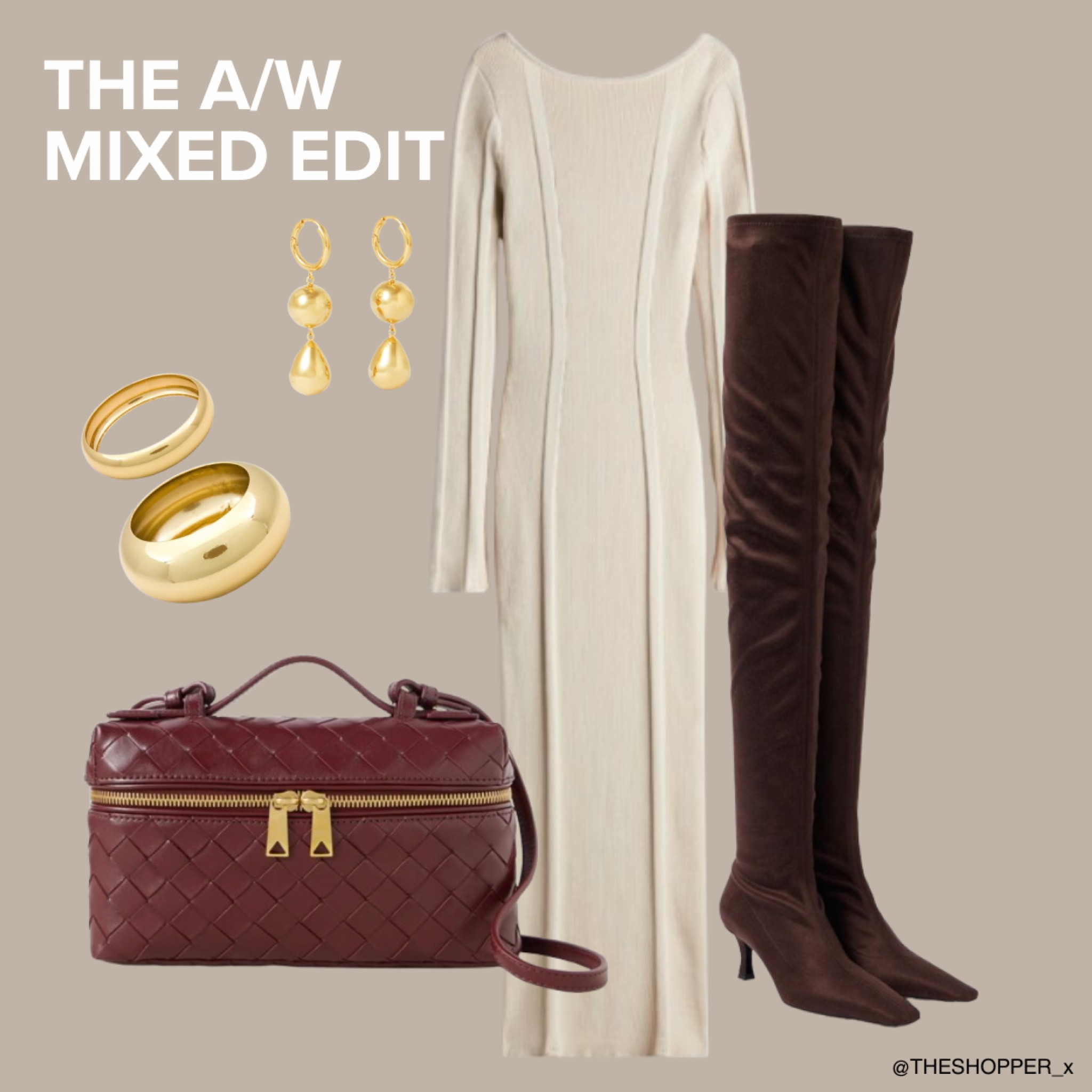 The A/W Mixed Edit
Gold plated earrings, low back ribbed knit bodycon dress, suede over the knee boots, bangle bracelet set in gold, vanity mini intrecciato leather tote 

#LTKluxury #LTKautumn #LTKuk