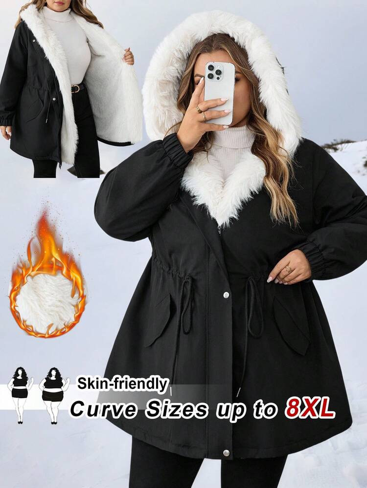 SHEIN CURVE+ Plus Size Winter Clothing Fluffy Patchwork Hooded Long Sleeve Thick Padded Coat | SHEIN