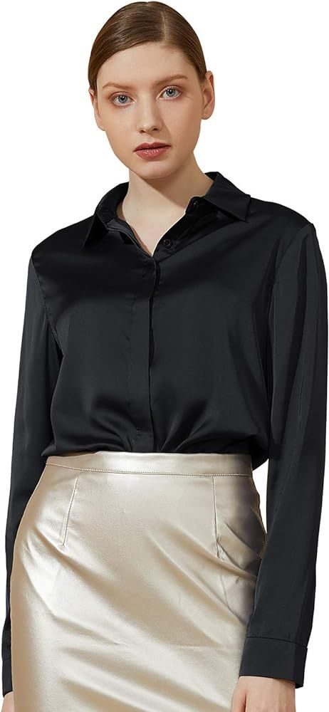 Escalier Women's Silk Blouse Long Sleeve Satin Button Down Shirt Casual Work Office Silky Blouse ... | Amazon (US)