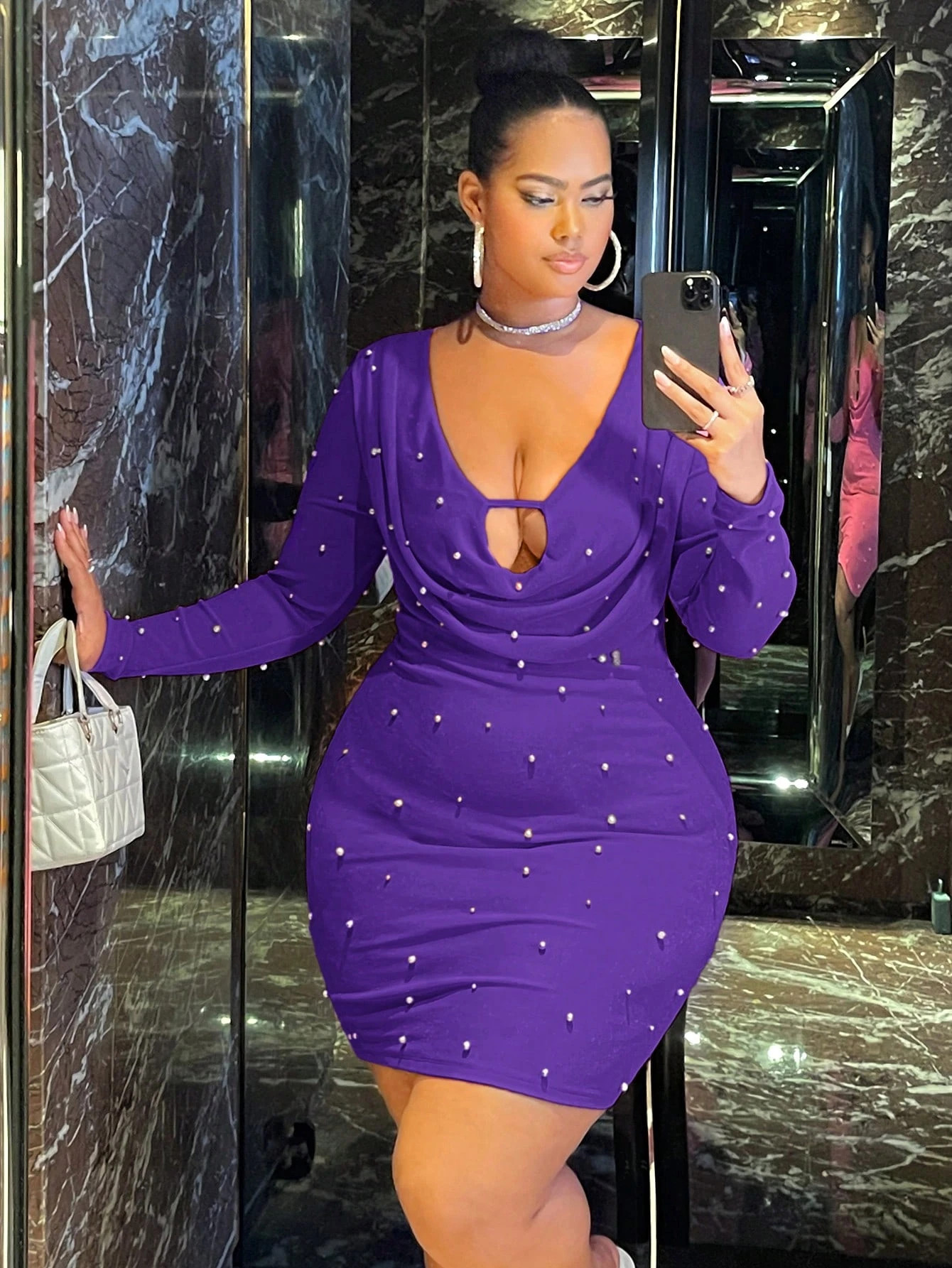 SHEIN SXY Plus Pearls Beaded Cut Out Front Bodycon Dress | SHEIN