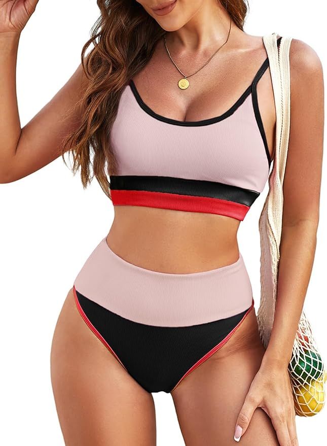 Herseas 2 Piece High Waisted Bikini Set for Women Cute Color Block Striped Sporty Swimsuit Knit R... | Amazon (US)