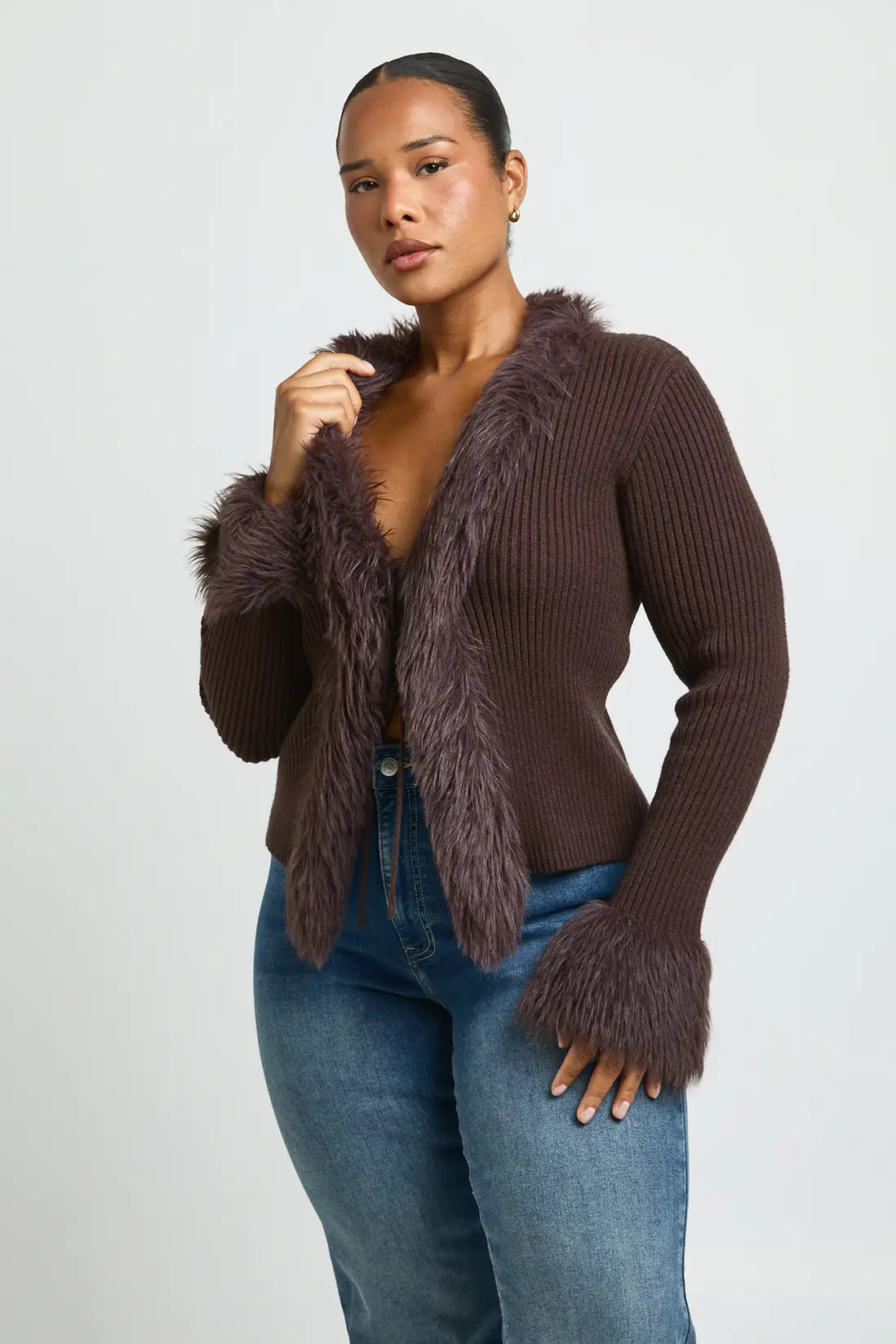 Plus Fur Trim Tie Front Knitted Cardigan | boohoo (US & Canada)