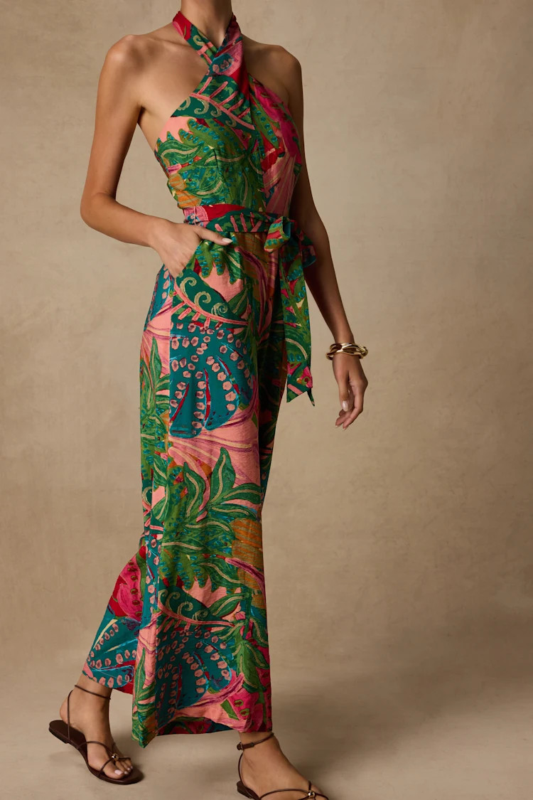 Mar Alto Pink Multi Leaf Print Wide-Leg Jumpsuit | Lulus