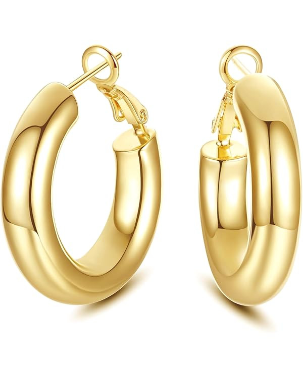 SHOWNII Chunky Gold Hoop Earrings, 14K Gold Plated Chunky Tube Hoop Earrings for Women Lightweigh... | Amazon (US)