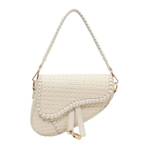 RomanticDesign Women Trendy Saddle Shoulder Bag PU Leather Woven Handbag Underarm Bag Solid Color Satchel Bag, Z-White | Amazon (US)
