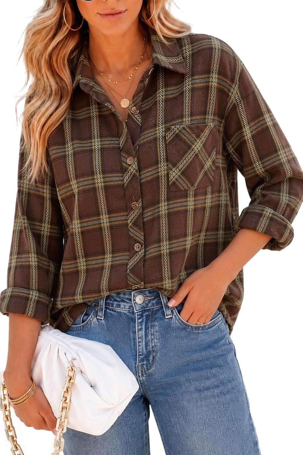 CHYRII Womens Oversized Flannel Shirts Button Down Long Sleeve Plaid Shirt Business Casual Blouse Top | Amazon (US)