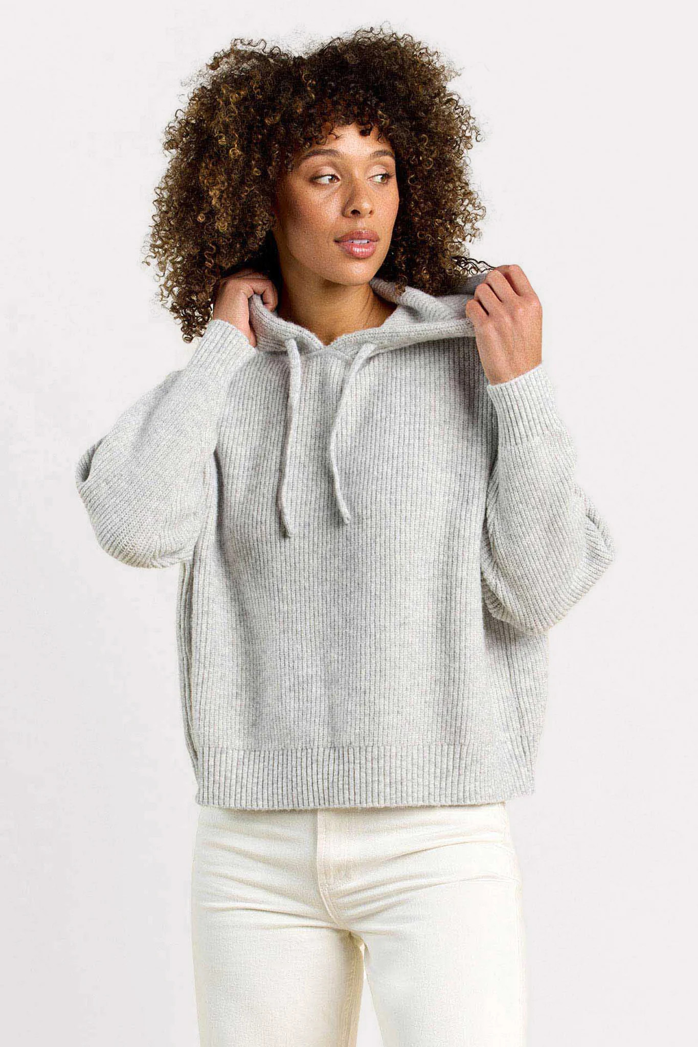 Cozy Knit Ribbed Sweater Hoodie | Heather Grey | nuuds