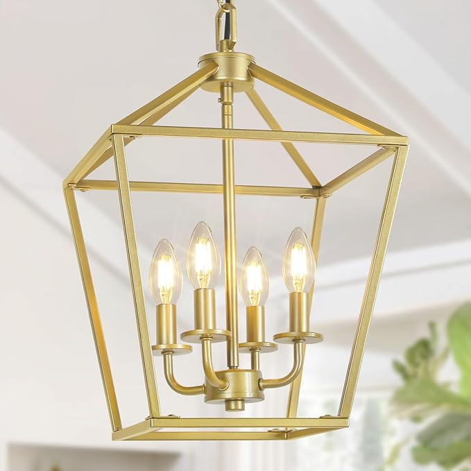 4 Light Gold Chandelier, Industrial Ceiling Light Lantern Light Fixtures with Farmhouse Metal Cag... | Amazon (US)