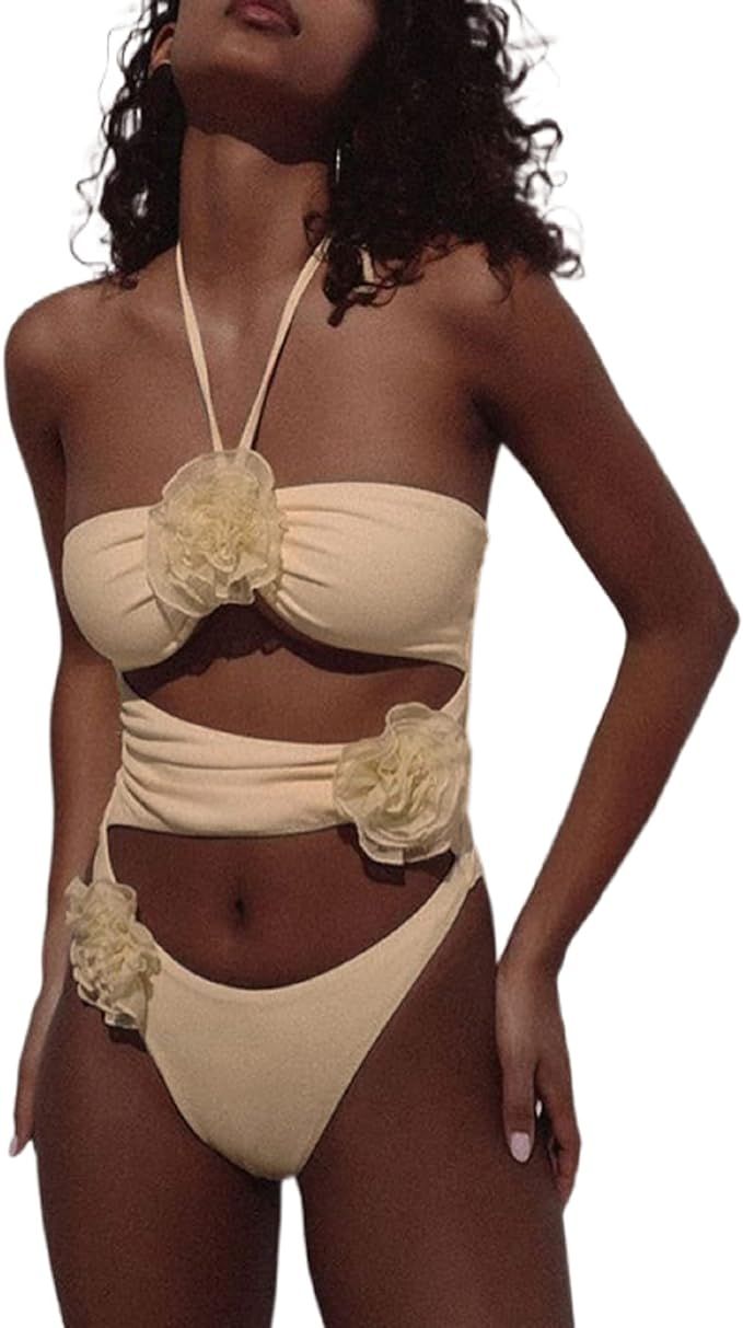 Faretumiya Women Sexy Sleeveless Cut Out Bodysuit 3D Flower Low Cut Strapless Body Suit Top Hollo... | Amazon (US)