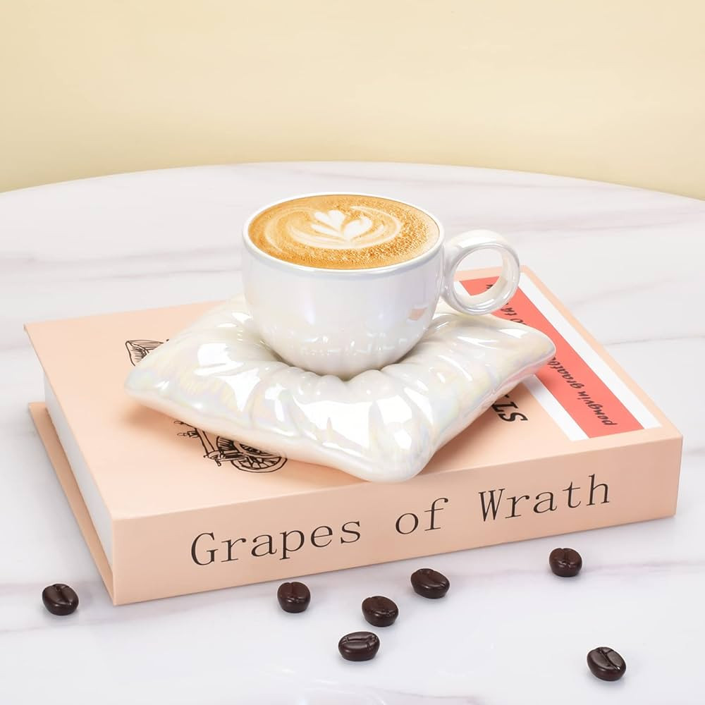Ceramic Coffee Cup and Saucer Set, Cappuccino Espresso Demitasse Mug with Creative Cute Pillow Sa... | Amazon (US)