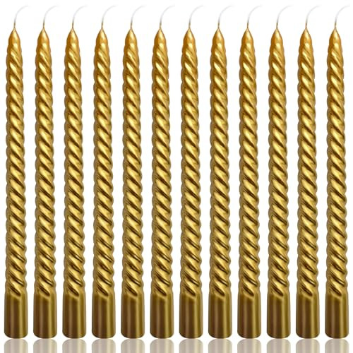 10 Inch Gold Spiral Taper Candles Set for Christmas, 12 Pack Unscented Twisted Candlesticks, Dripelss Thin Tapered Candles for Holiday Party Decoration | Amazon (US)