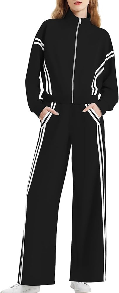 Women's 2 Piece Outfits Zip Up Sweatshirt Contrast Striped Wide Leg Sweatpants Suits Jogger Trave... | Amazon (US)