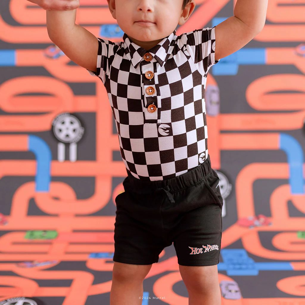 Checkered Black Collared Baby Bodysuit | Hot Wheels™ Retro Checker | Posh Peanut