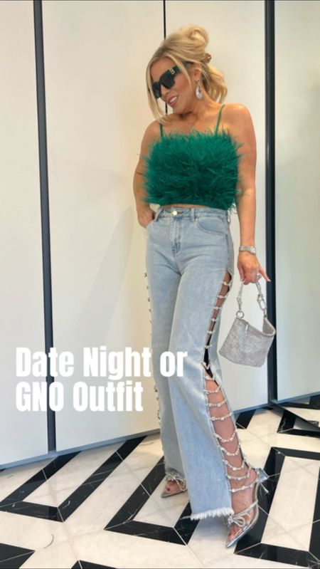 Date or GNO Spring Outfit or for St. Patrick’s Day!
Green Ostrich Feather Cami Crop Top (can be worn strapless) Wearing a M
BUT THESE JEANS! Covered in Diamonds Side Split High Rise Wide Leg Raw Hem Denim Jeans - They also come in white! Wearing a 3
Green sunglasses are fun dupes!

#LTKfindsunder50 #LTKfindsunder100 #LTKstyletip