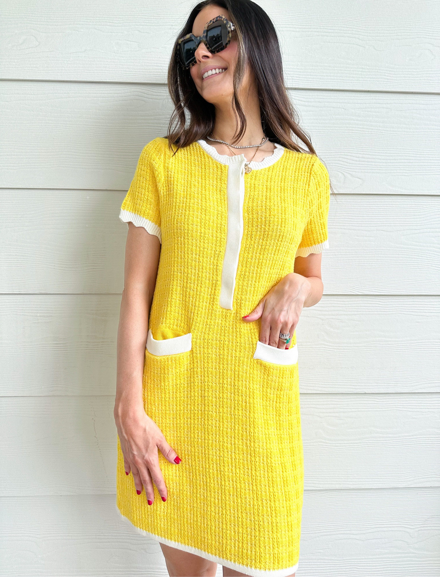 AD | in love with this bright yellow knitted dress from Walmart! Wearing a size
Small. The scalloped details are beautiful!  @walmartfashion #walmartfashion