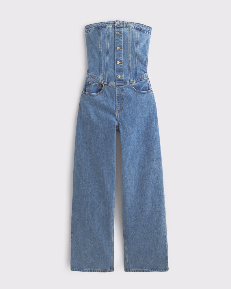 Women's Strapless Dipped-Waist Denim Jumpsuit | Women's Dresses & Jumpsuits | Abercrombie.com | Abercrombie & Fitch (US)