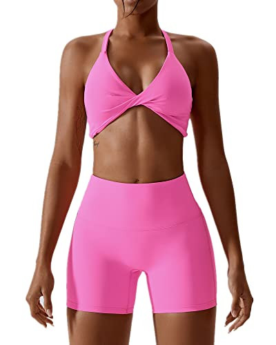 ABOCIW Workout Sets for Women 2 Piece Yoga Outfits Twist Front Halter Sports Bras Tummy Control High Waist Booty Biker Shorts Exercise Gym Sets for Women Pink X-Large | Amazon (US)