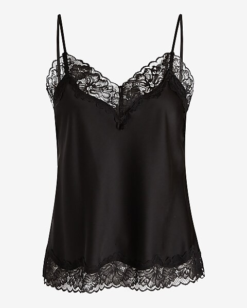 Satin Lace Trim V-Neck Downtown Cami | Express