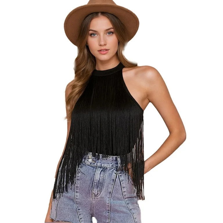 EASTHER Womens Tank Tops Sexy Sleeveless Crew Neck Bodysuit Fringe Trim Halter Bodycon | Walmart (US)