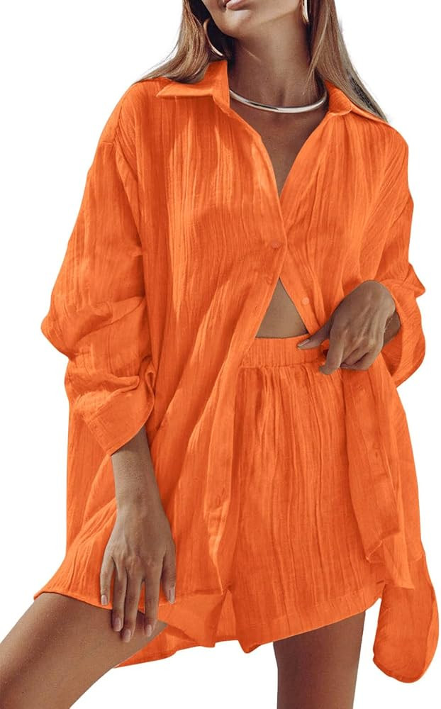 Paintcolors Women's 2 Piece Outfit Long Sleeve Oversized Button Down Shirt Casual Stretchy Shorts... | Amazon (US)