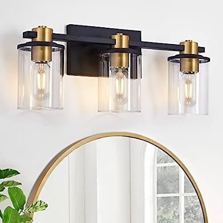 3 Light Bathroom Vanity Light, Black and Gold Bathroom Light Fixtures, Sconces Wall Lighting with Gl | Amazon (US)