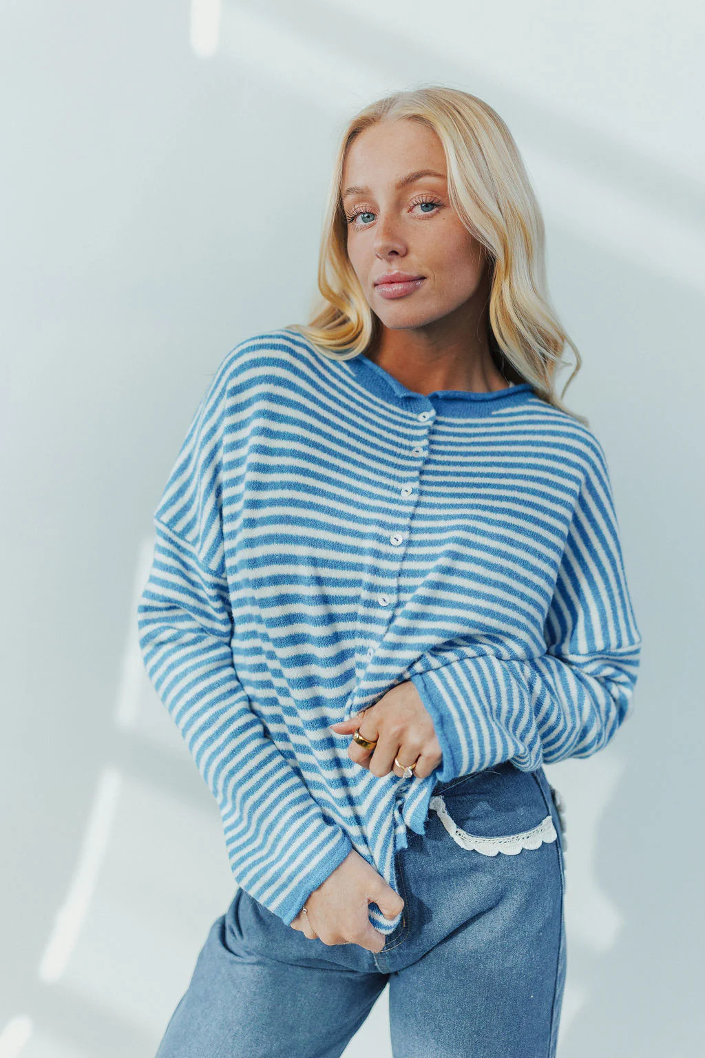 Piper Cardigan in Blue Pinstripe Small | Henly
