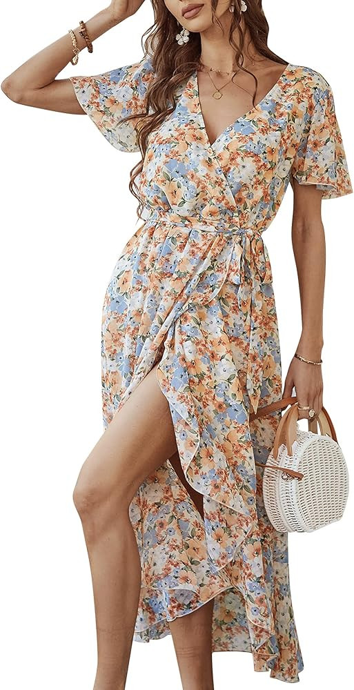 Bequemer Laden Women's Summer Floral Dress Wrap V Neck Short Sleeve Belted Ruffle Beach A-Line Bo... | Amazon (US)