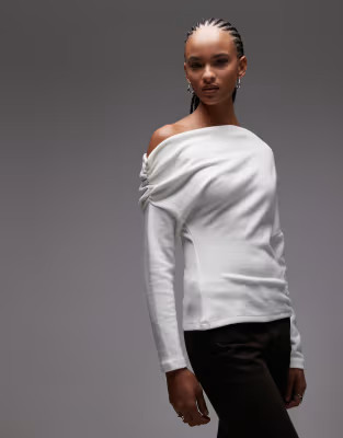 ASOS DESIGN supersoft ruched off shoulder long sleeve top in winter white | ASOS (Global)