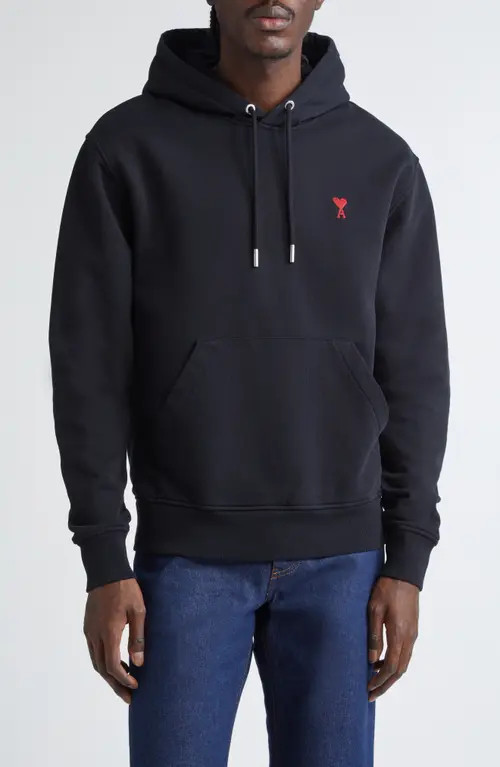 AMI PARIS Embroidered Ami De Coeur Cotton Hoodie in 001 Noir at Nordstrom, Size Large | Nordstrom