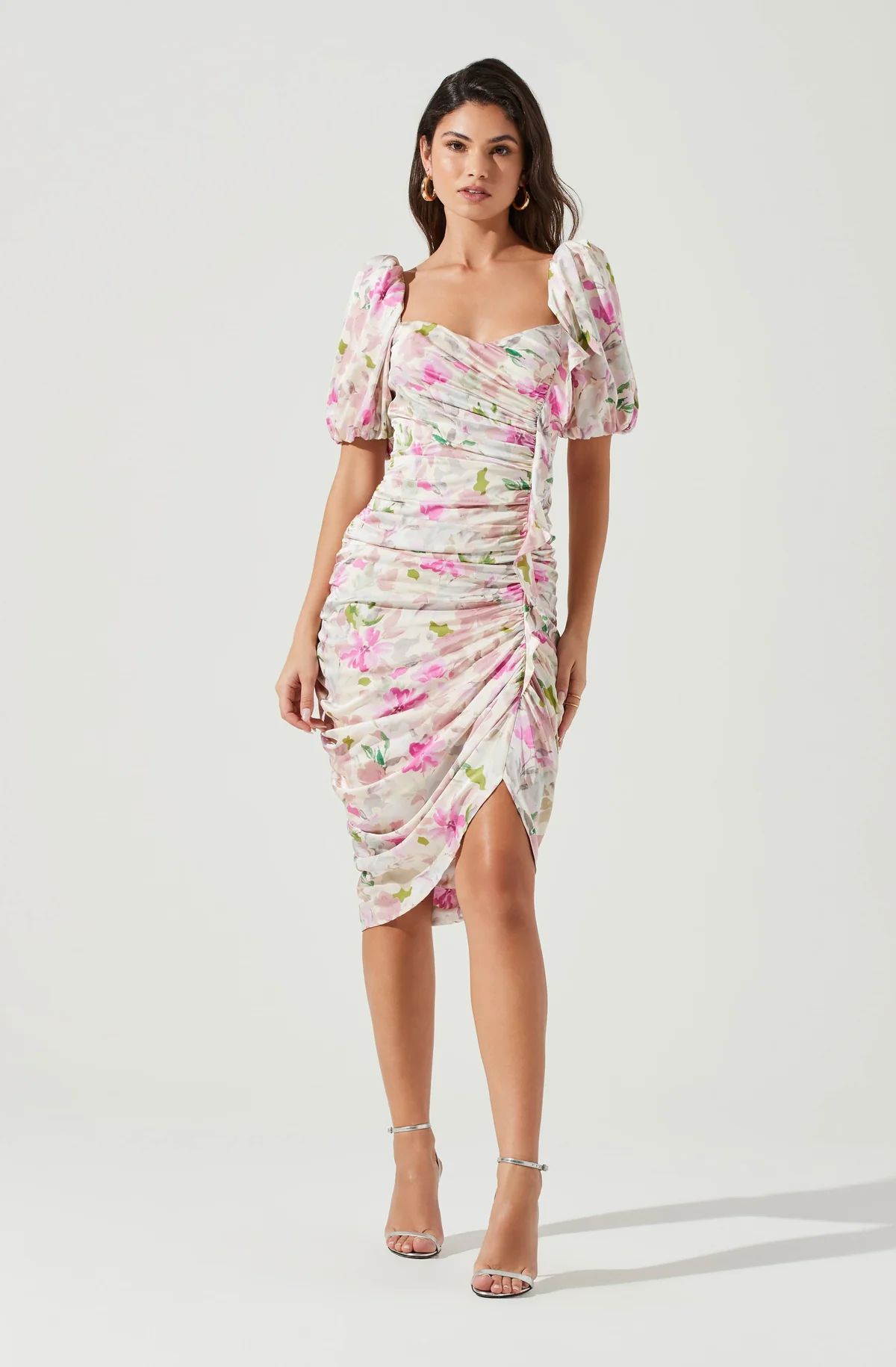 Emma Floral Ruched Bubble Sleeve Midi Dress | ASTR The Label (US)