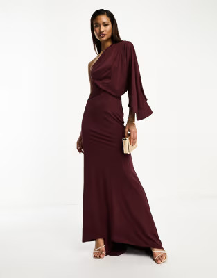 ASOS DESIGN one shoulder premium draped maxi dress with train detail in deep purple | ASOS | ASOS (Global)