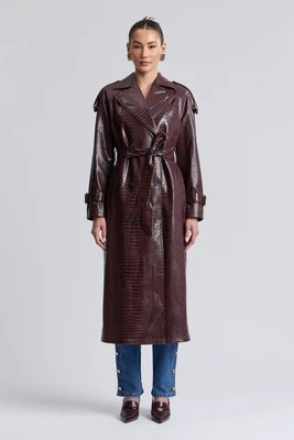 Croc-Embossed Faux Leather Belted Maxi Trench Coat | Avec Les Filles