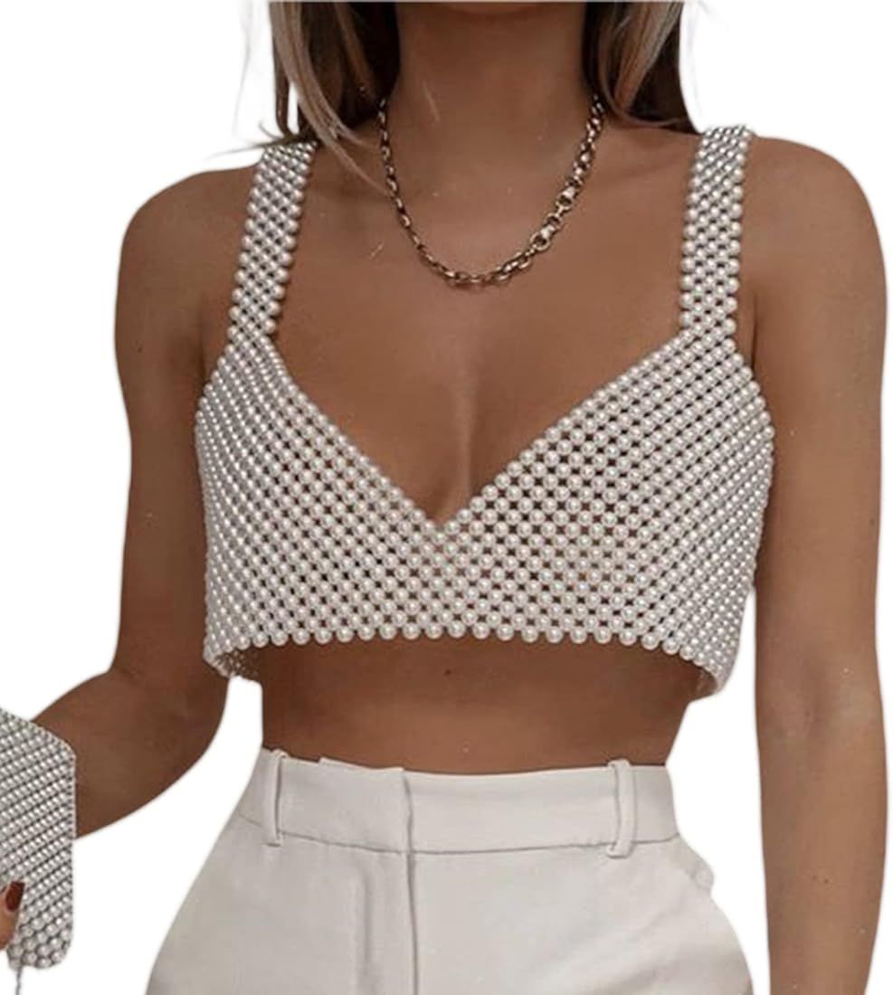 Sexy Pearls Beaded Crop Top for Women Pearl Body Chain Bra Tanks Sleeveless Spaghetti Strap Camis Ve | Amazon (US)