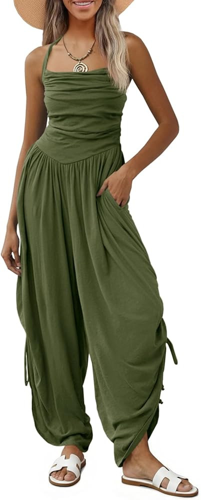 Fisoew Womens Casual Jumpsuits Summer Halter Straps Sleeveless Overalls Ruched Barrel Wide Leg Si... | Amazon (US)