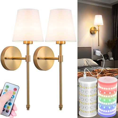 Battery Operated Wall Sconces Set Of 2, Wireless Battery Wall Light With 10000mAh RGB Rechargeable Magnetic Bulb, Rechargeable Wall Sconce With Remote Control For Bedroom, No Electrician Required | Amazon (US)