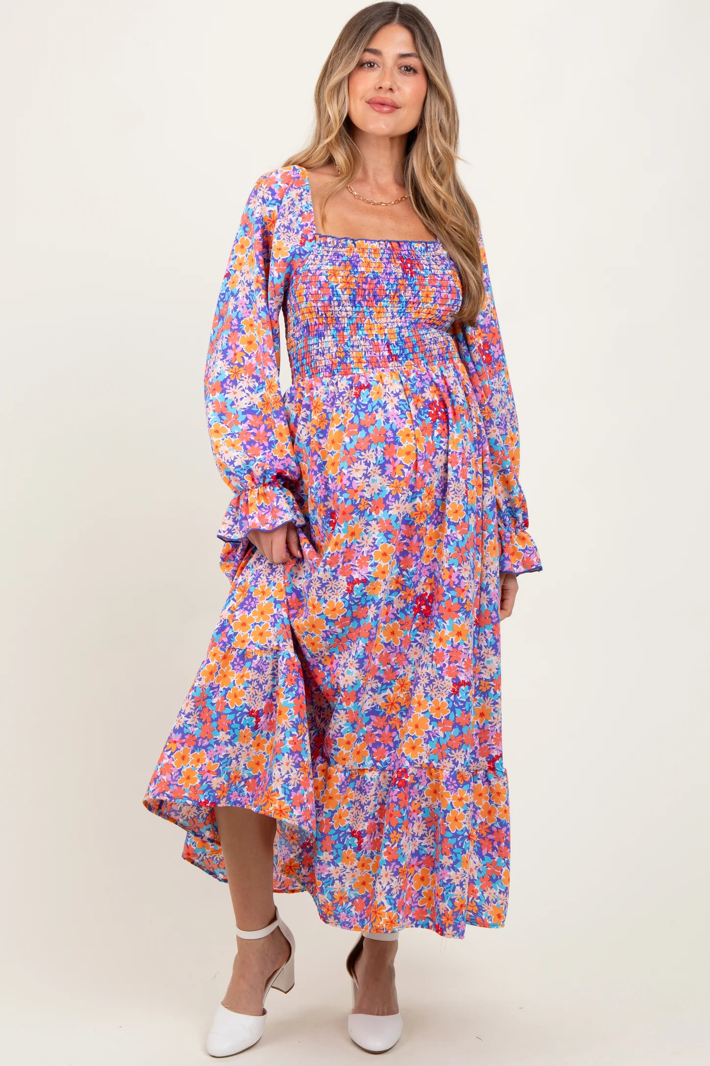 Lavender/Coral Smocking Fit And Flare Maternity Maxi With Side Pockets | PinkBlush Maternity